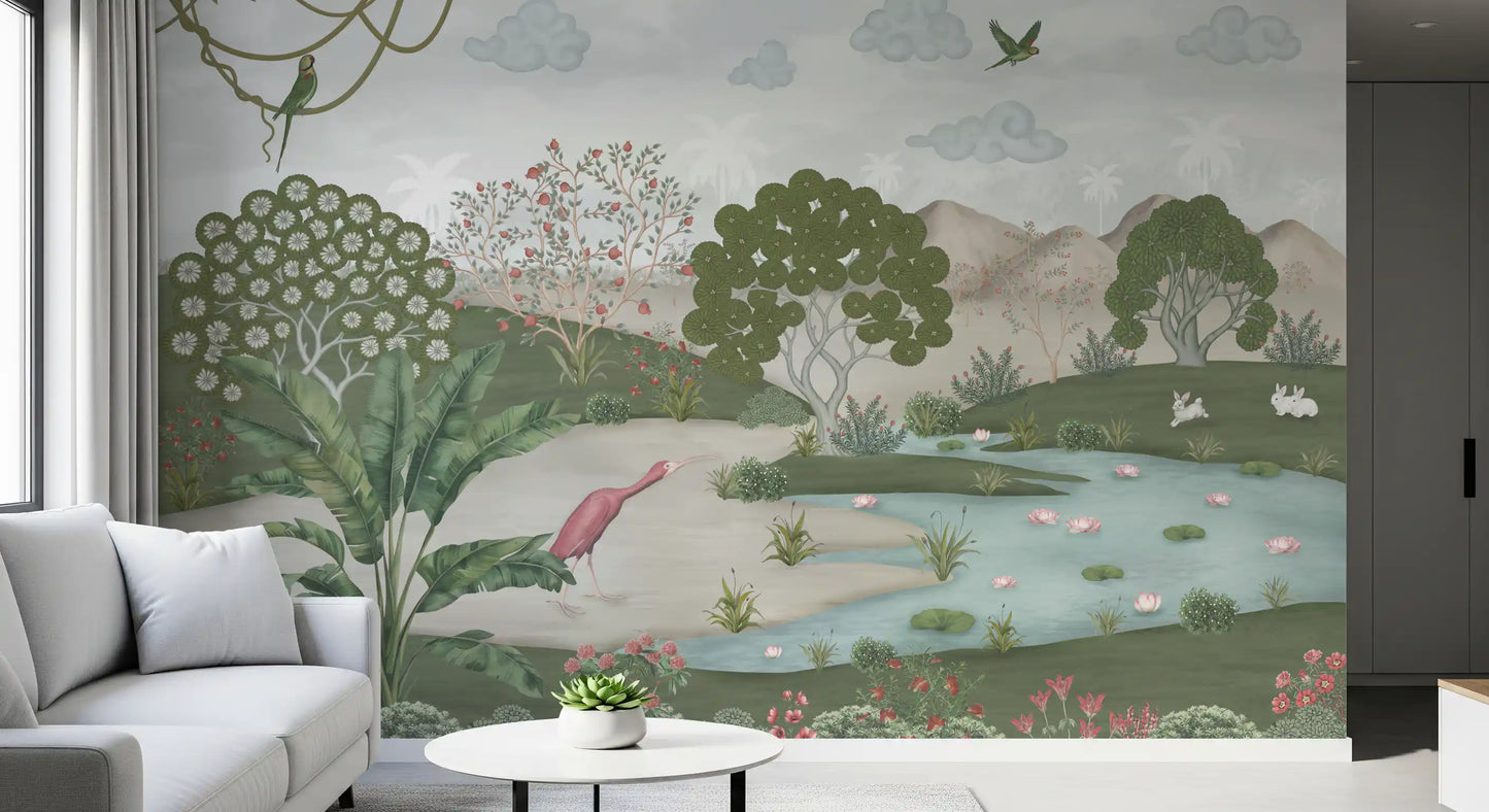 Murale da parete illustrato con torrente nella giungla serena