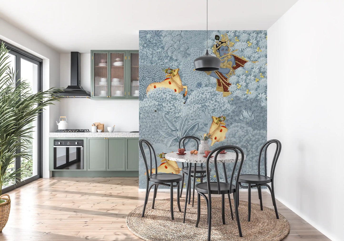 Wandbild „Krishna und Kühe im Wald“