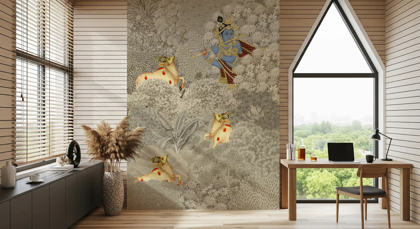 Vægmaleri med Krishna og køer i en skovscene
