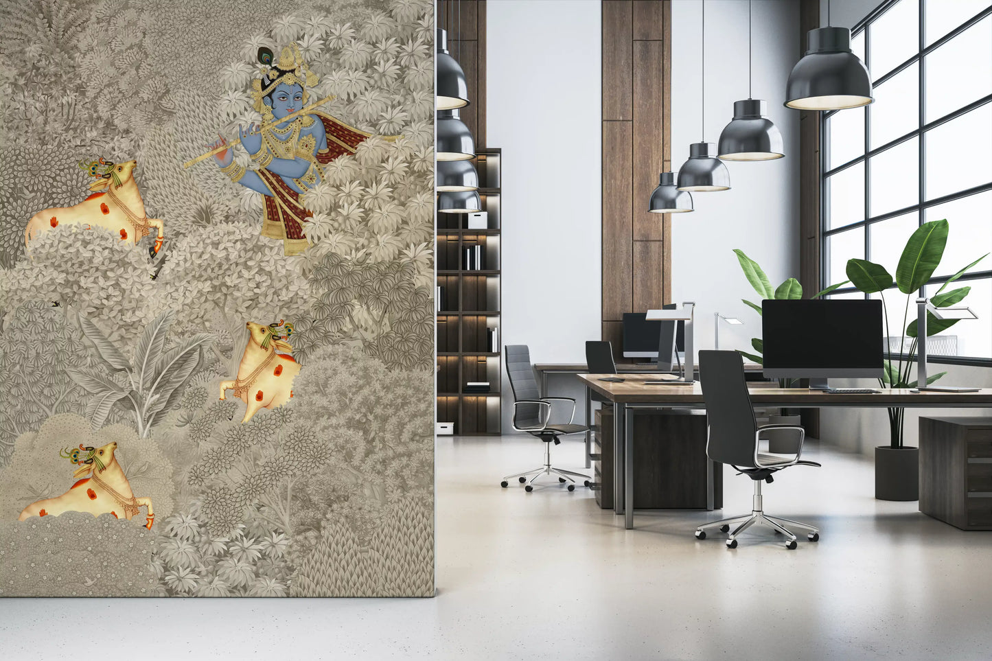 Vægmaleri med Krishna og køer i en skovscene