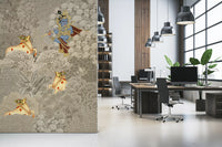 Vægmaleri med Krishna og køer i en skovscene