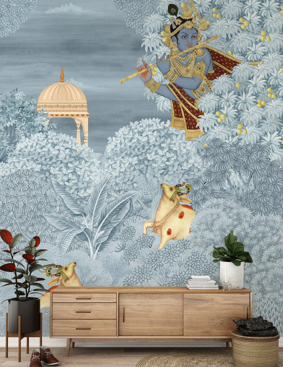 Murale da parete della foresta incantata di Krishna