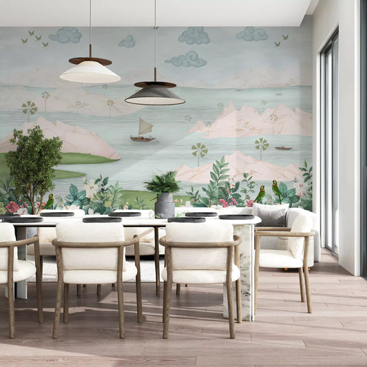 Green parrots fly across this wall mural in a dining room GD12177
