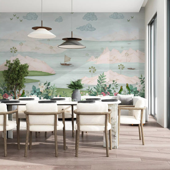 Green parrots fly across this wall mural in a dining room GD12177

