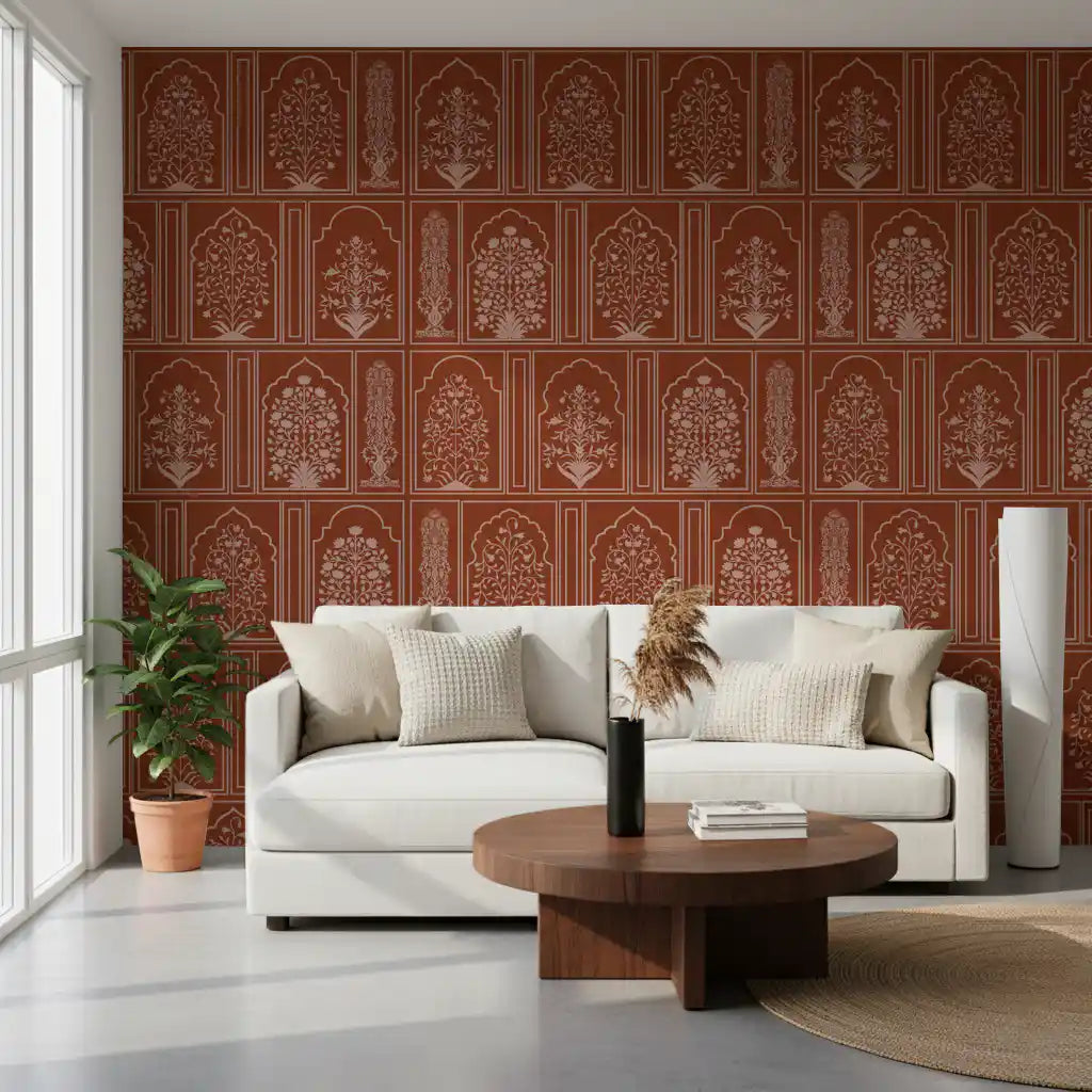 Fresque murale florale représentant une arche moghole couleur terre cuite