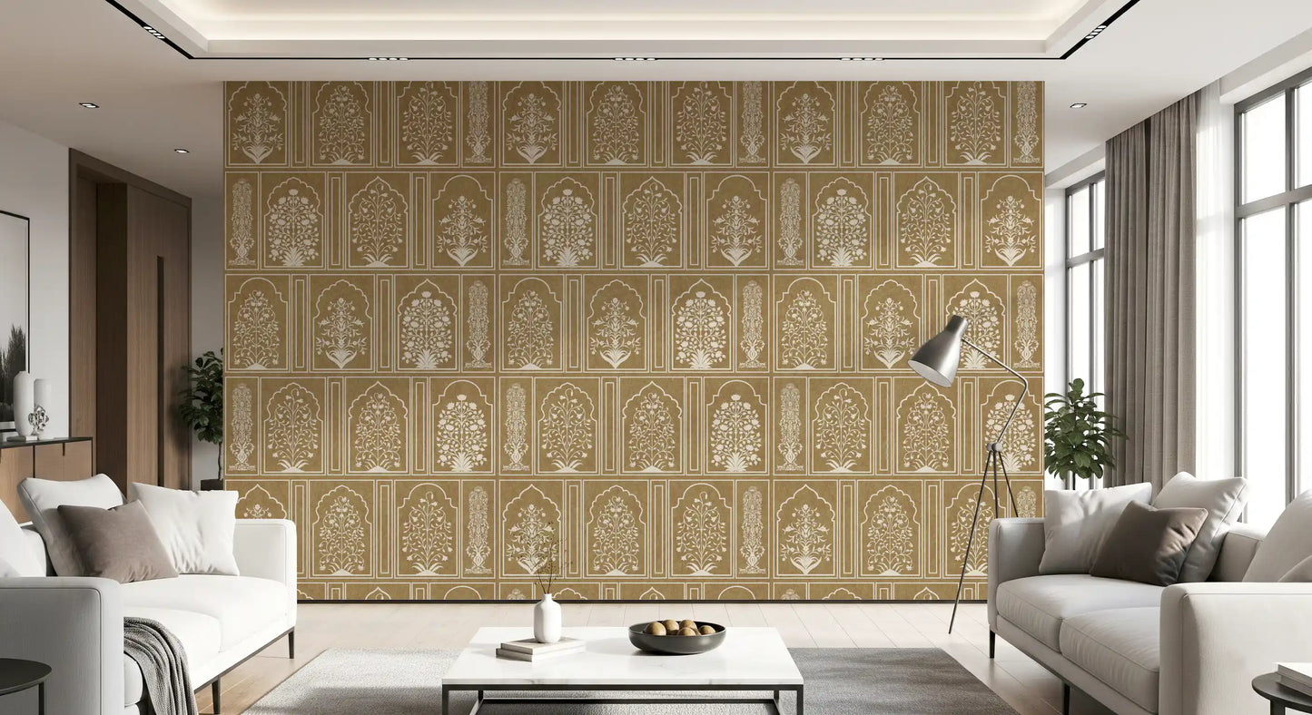 Vægmaleri med en mughal-inspireret havebuegang