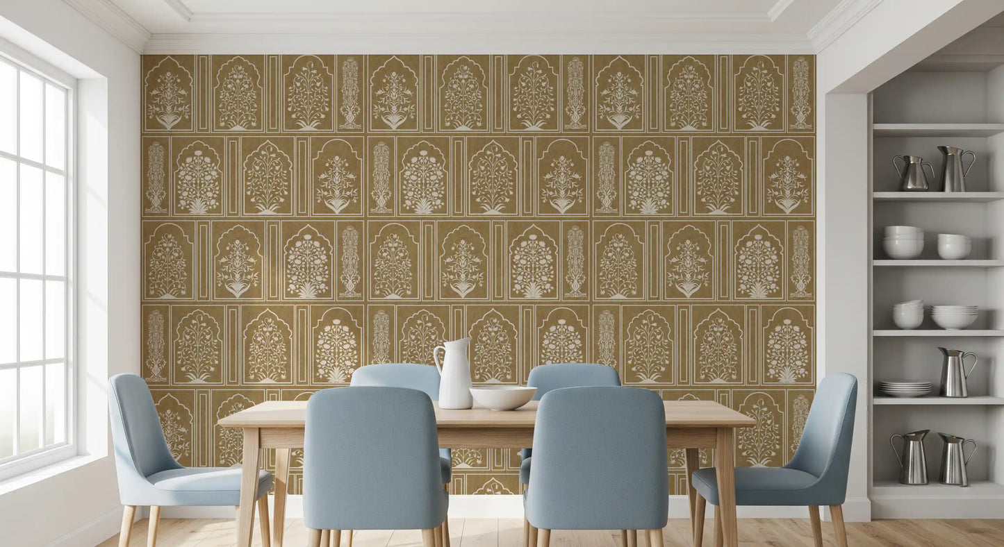 Vægmaleri med en mughal-inspireret havebuegang