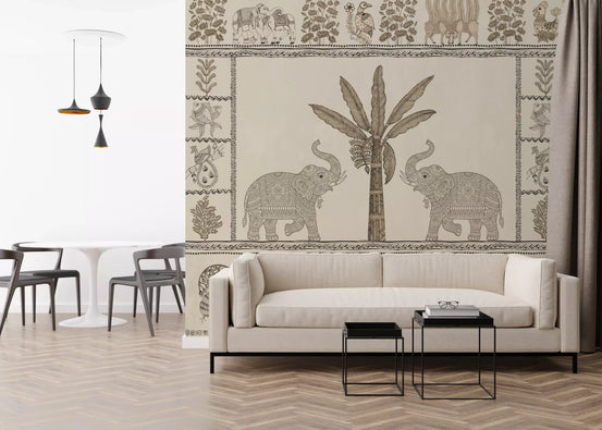 Murale da parete con elefante e albero, ispirato al patrimonio indiano