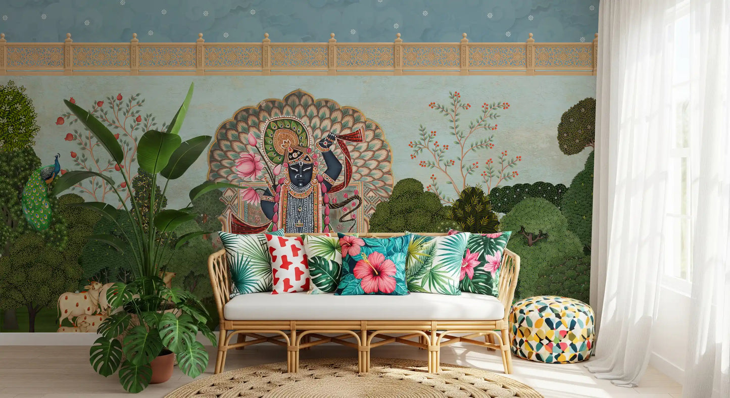 Mural de pared con paisaje del jardín divino de Krishna