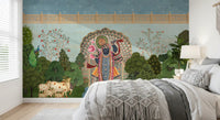Mural de pared con paisaje del jardín divino de Krishna