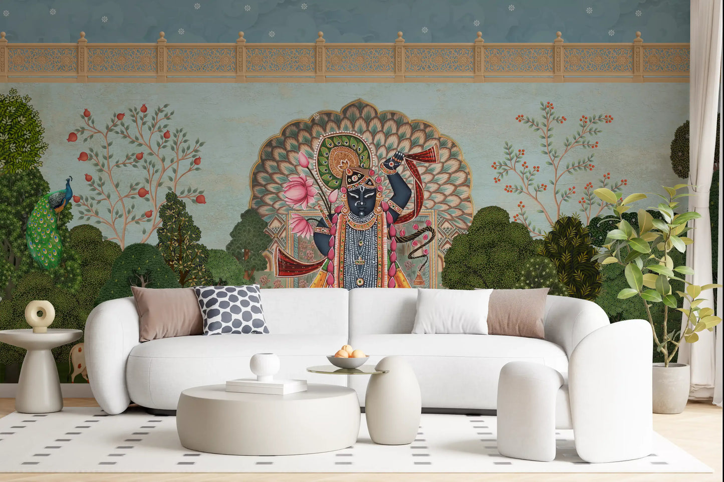 Mural de pared con paisaje del jardín divino de Krishna