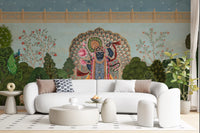 Mural de pared con paisaje del jardín divino de Krishna