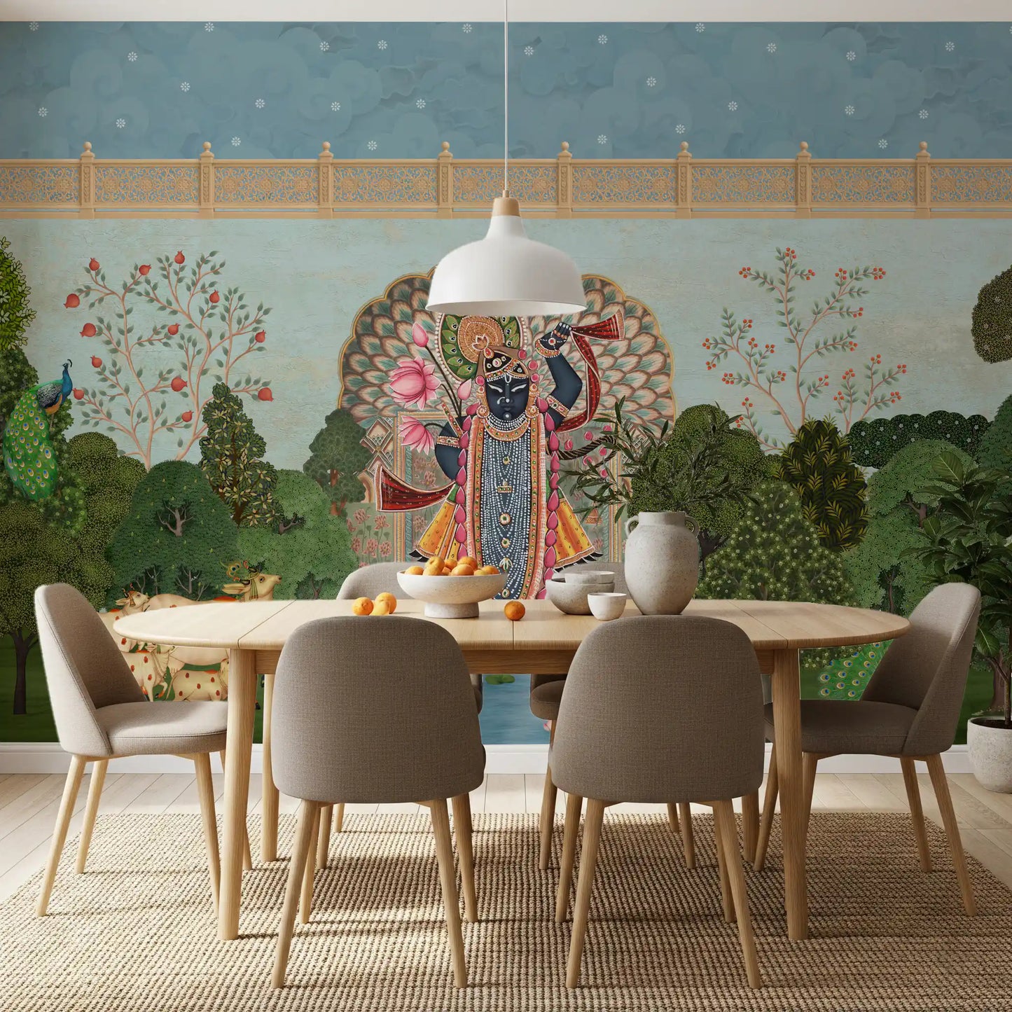 Mural de pared con paisaje del jardín divino de Krishna