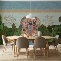 Mural de pared con paisaje del jardín divino de Krishna
