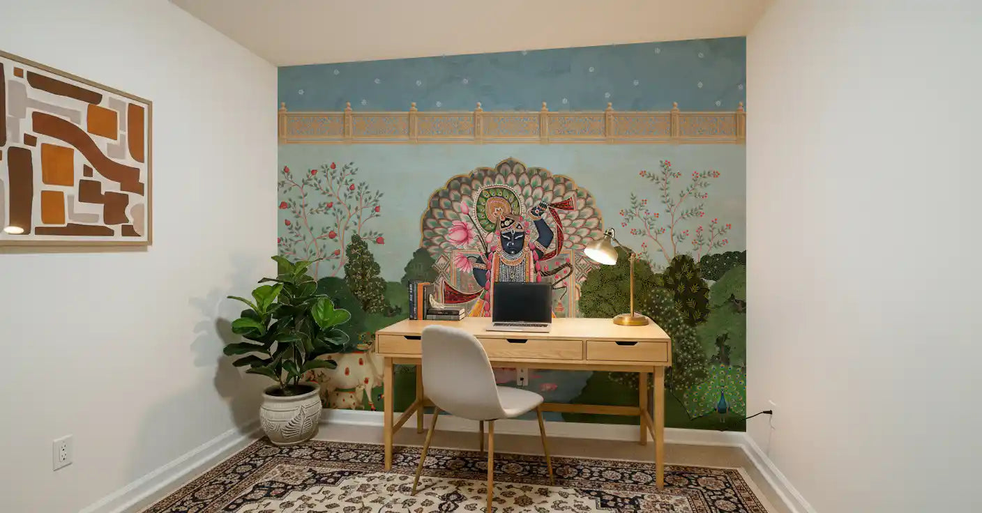 Mural de pared con paisaje del jardín divino de Krishna