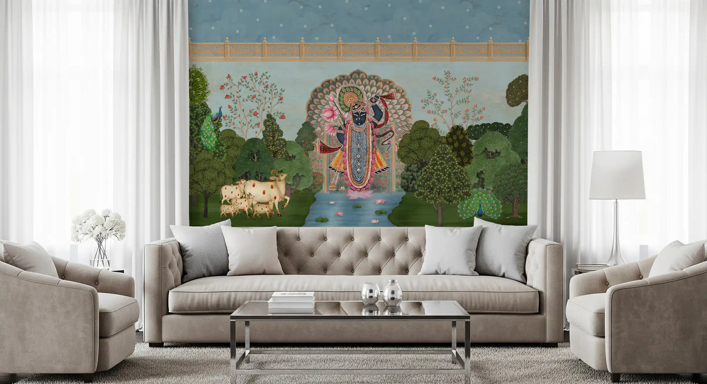 Mural de pared con paisaje del jardín divino de Krishna