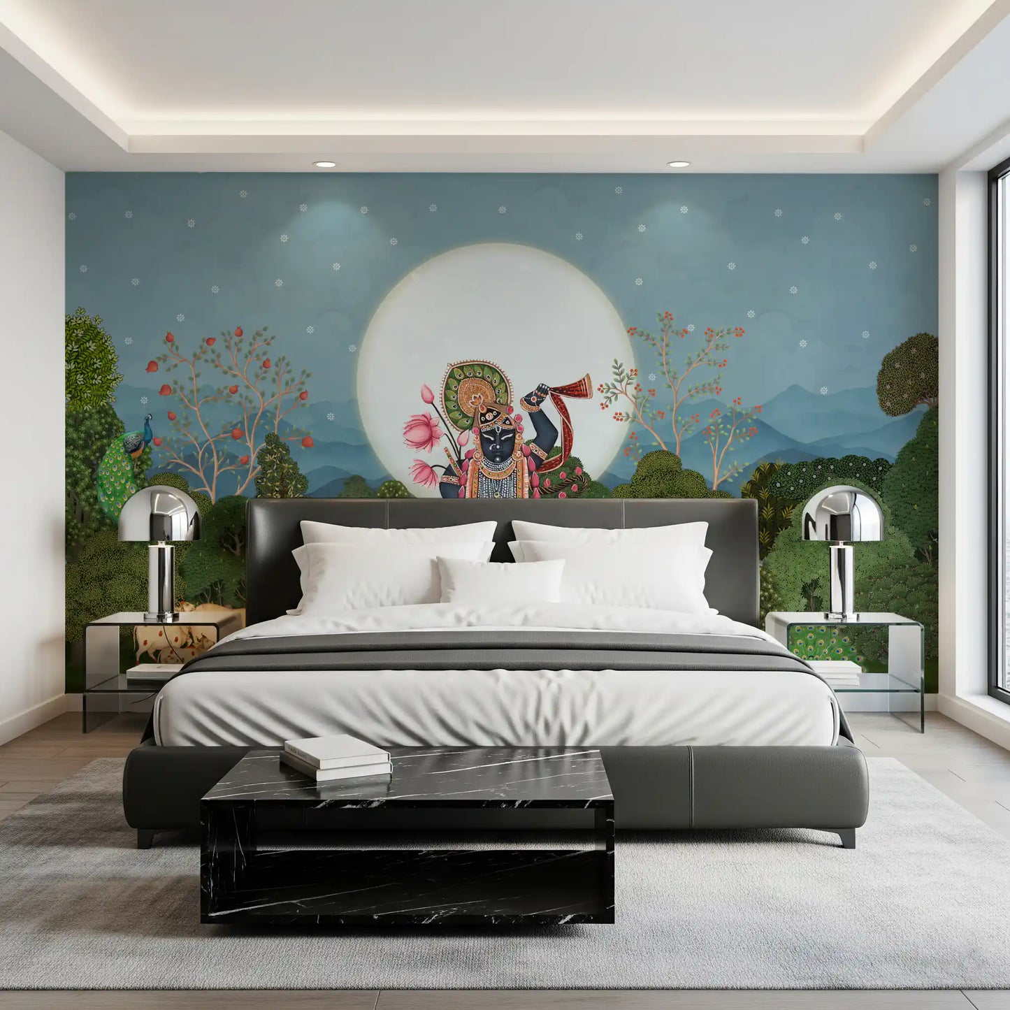 Fresque murale de jardin forestier au clair de lune divine