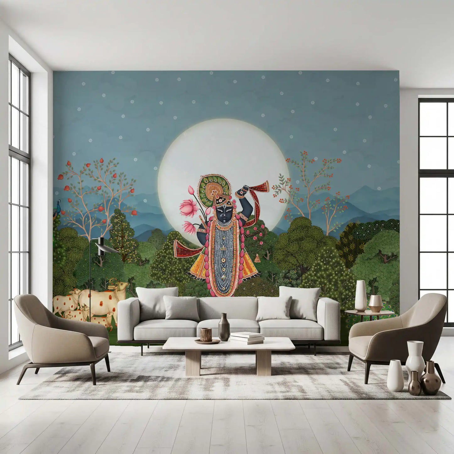 Fresque murale de jardin forestier au clair de lune divine
