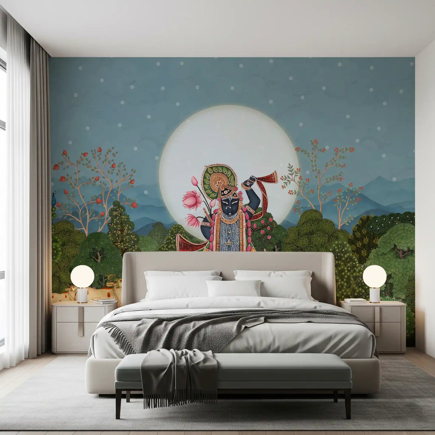 Fresque murale de jardin forestier au clair de lune divine