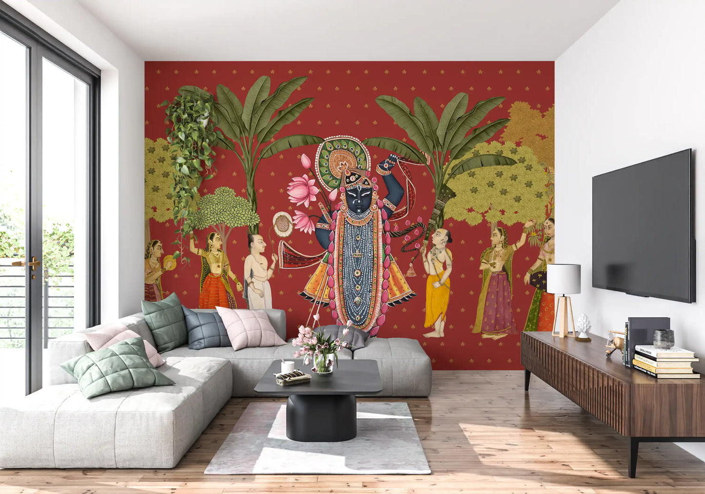 Traditionel indisk kunst med Krishna og gopierne som vægmaleri
