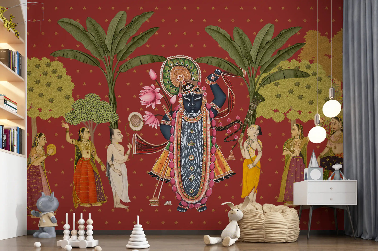Traditionel indisk kunst med Krishna og gopierne som vægmaleri