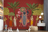 Traditionel indisk kunst med Krishna og gopierne som vægmaleri