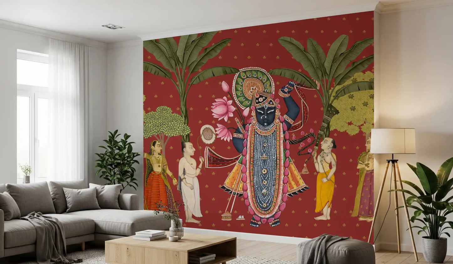 Traditionel indisk kunst med Krishna og gopierne som vægmaleri