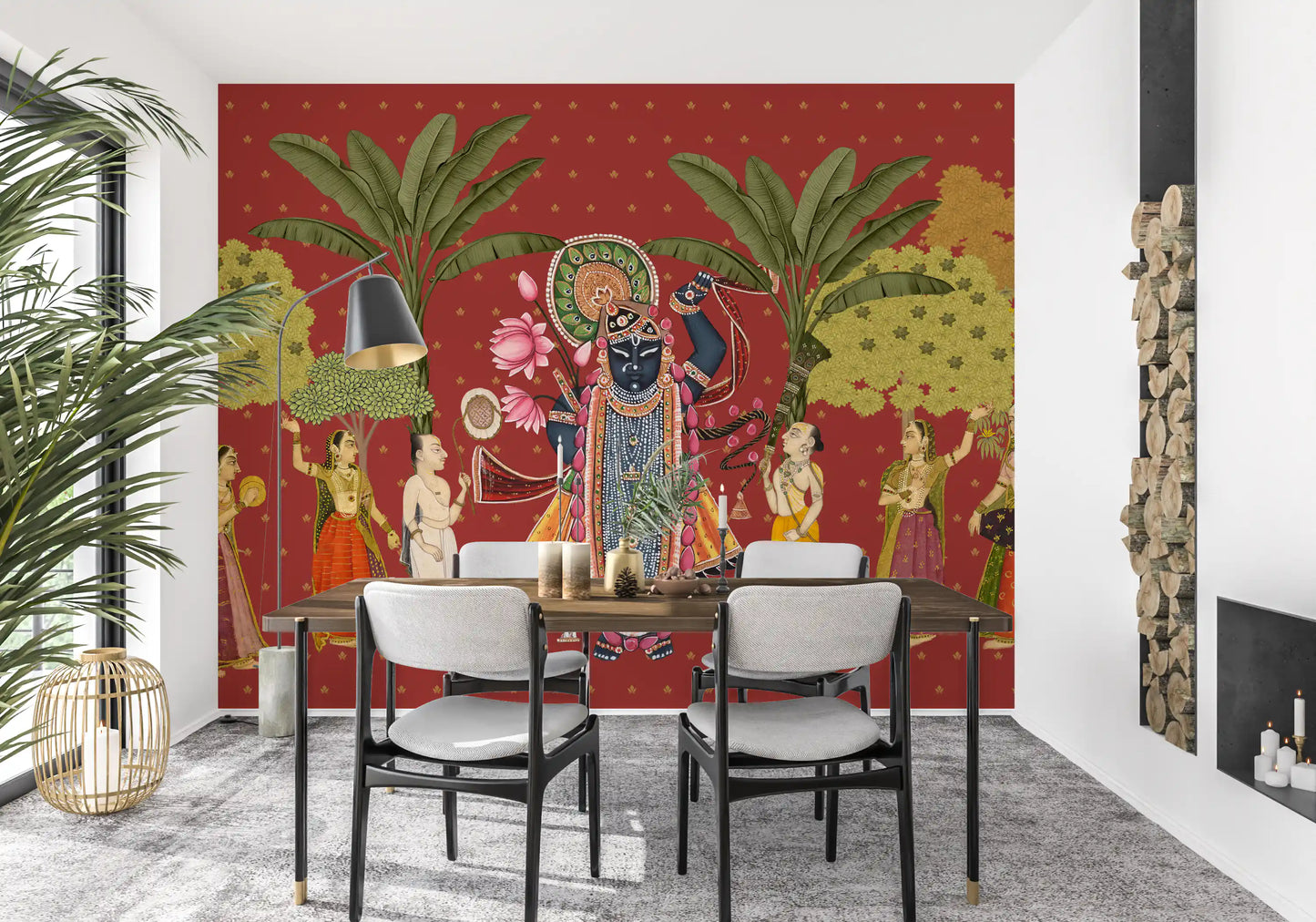 Traditionel indisk kunst med Krishna og gopierne som vægmaleri