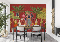 Traditionel indisk kunst med Krishna og gopierne som vægmaleri