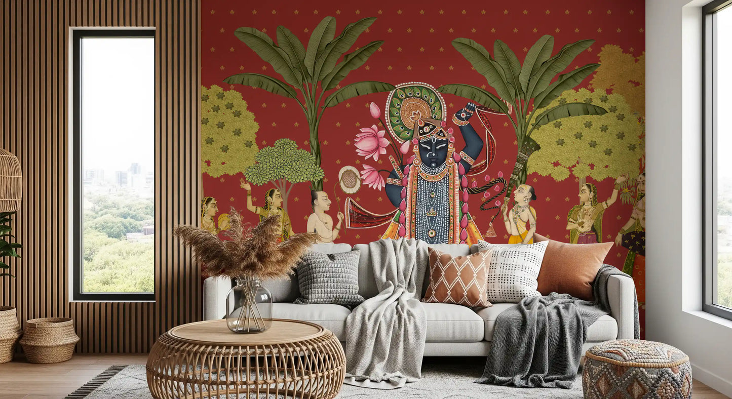 Traditionel indisk kunst med Krishna og gopierne som vægmaleri