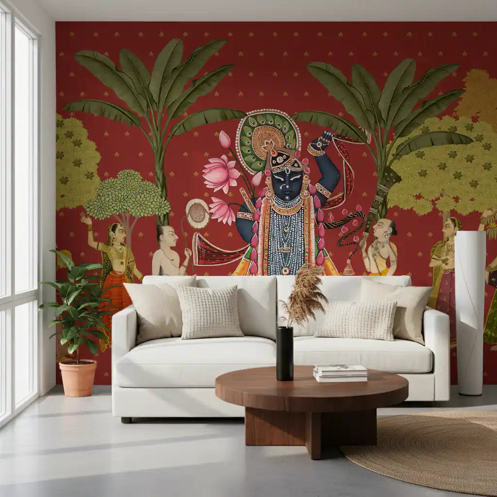 Traditionel indisk kunst med Krishna og gopierne som vægmaleri