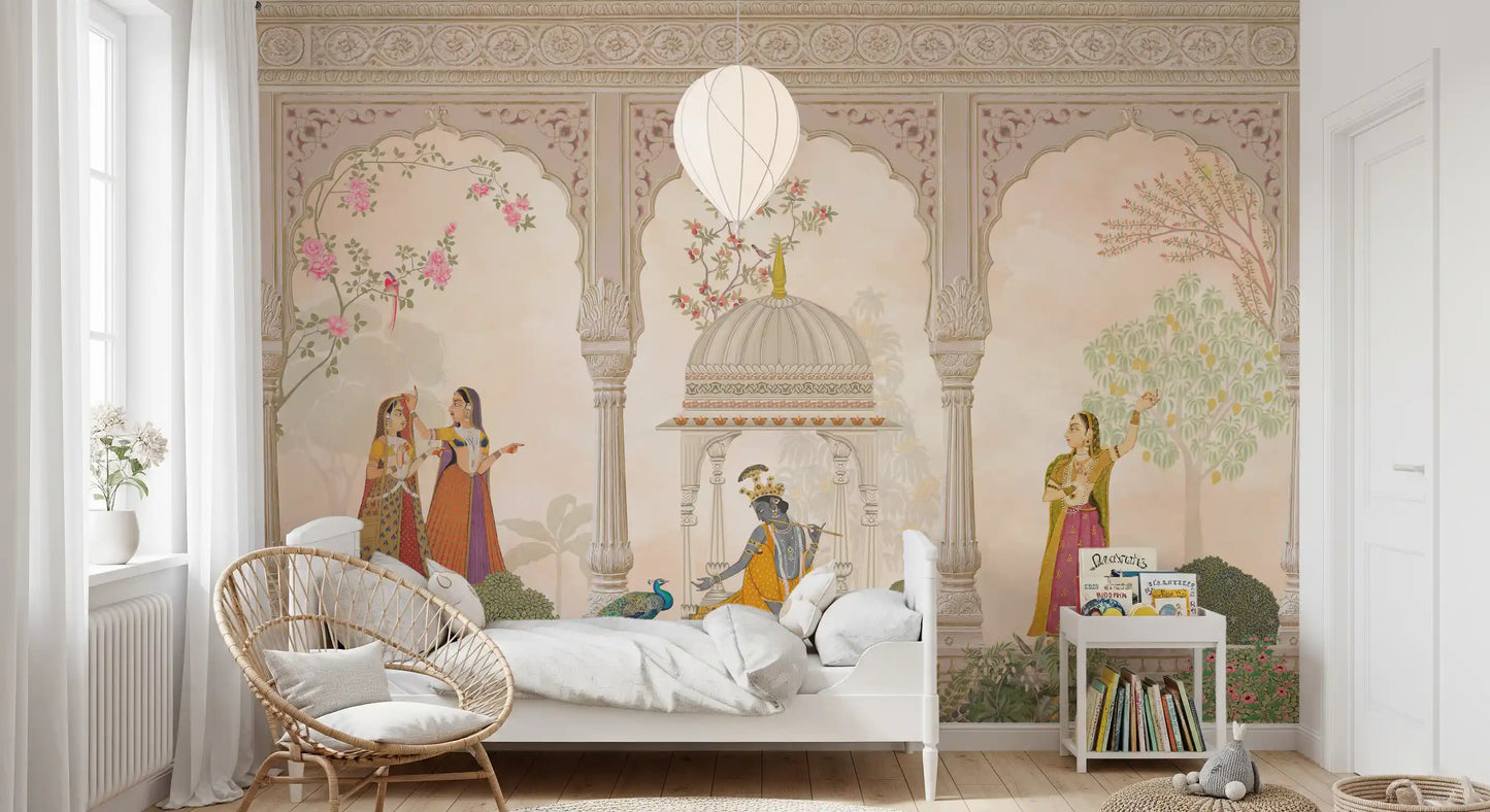 Fresque murale représentant Krishna et les gopis dans une scène traditionnelle de cour indienne
