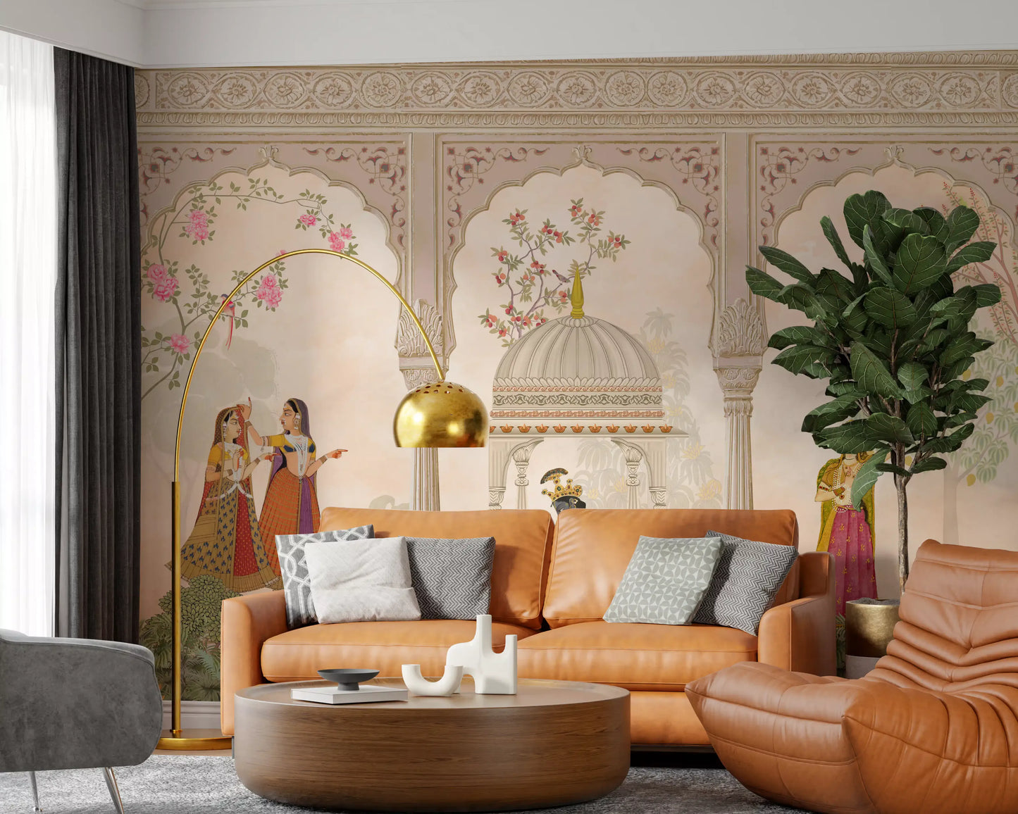 Fresque murale représentant Krishna et les gopis dans une scène traditionnelle de cour indienne