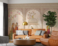 Fresque murale représentant Krishna et les gopis dans une scène traditionnelle de cour indienne