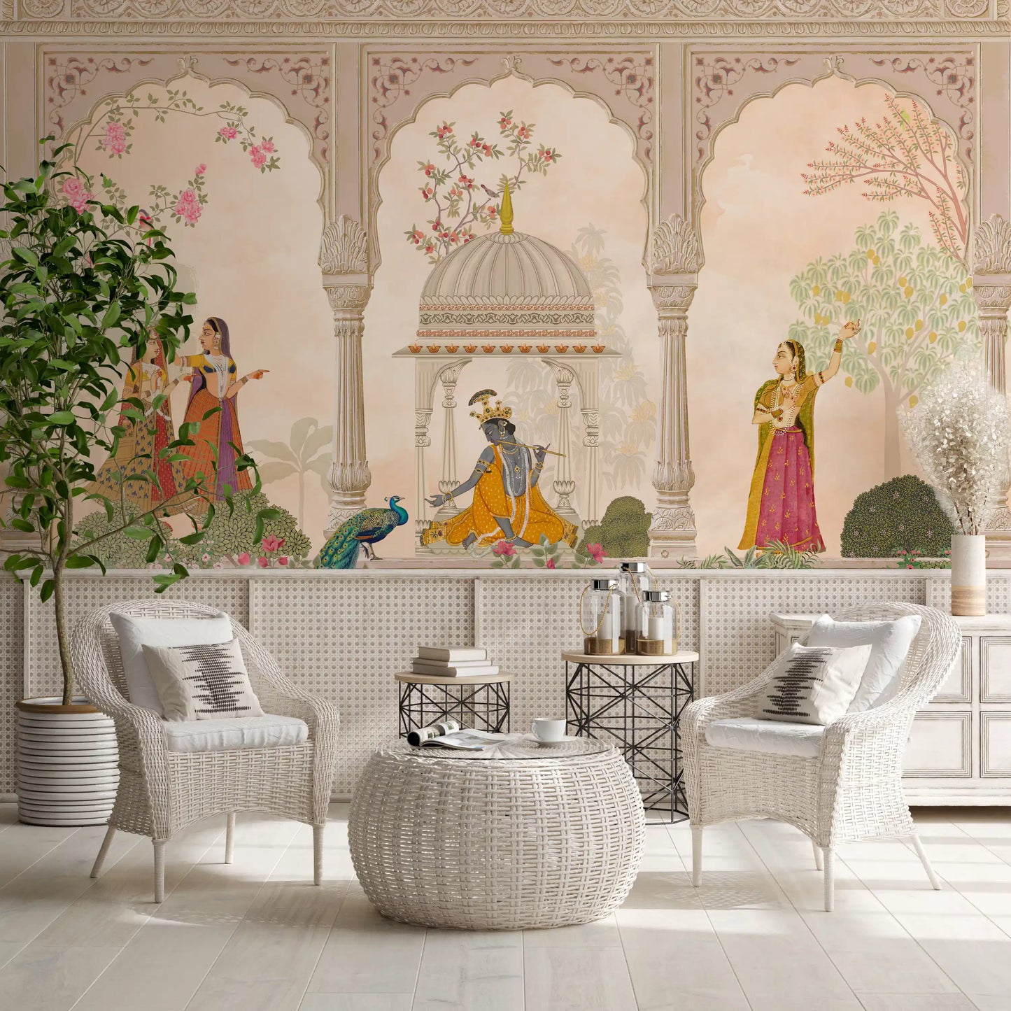 Fresque murale représentant Krishna et les gopis dans une scène traditionnelle de cour indienne