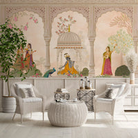 Fresque murale représentant Krishna et les gopis dans une scène traditionnelle de cour indienne