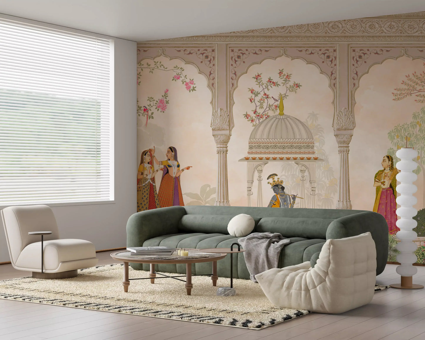 Fresque murale représentant Krishna et les gopis dans une scène traditionnelle de cour indienne