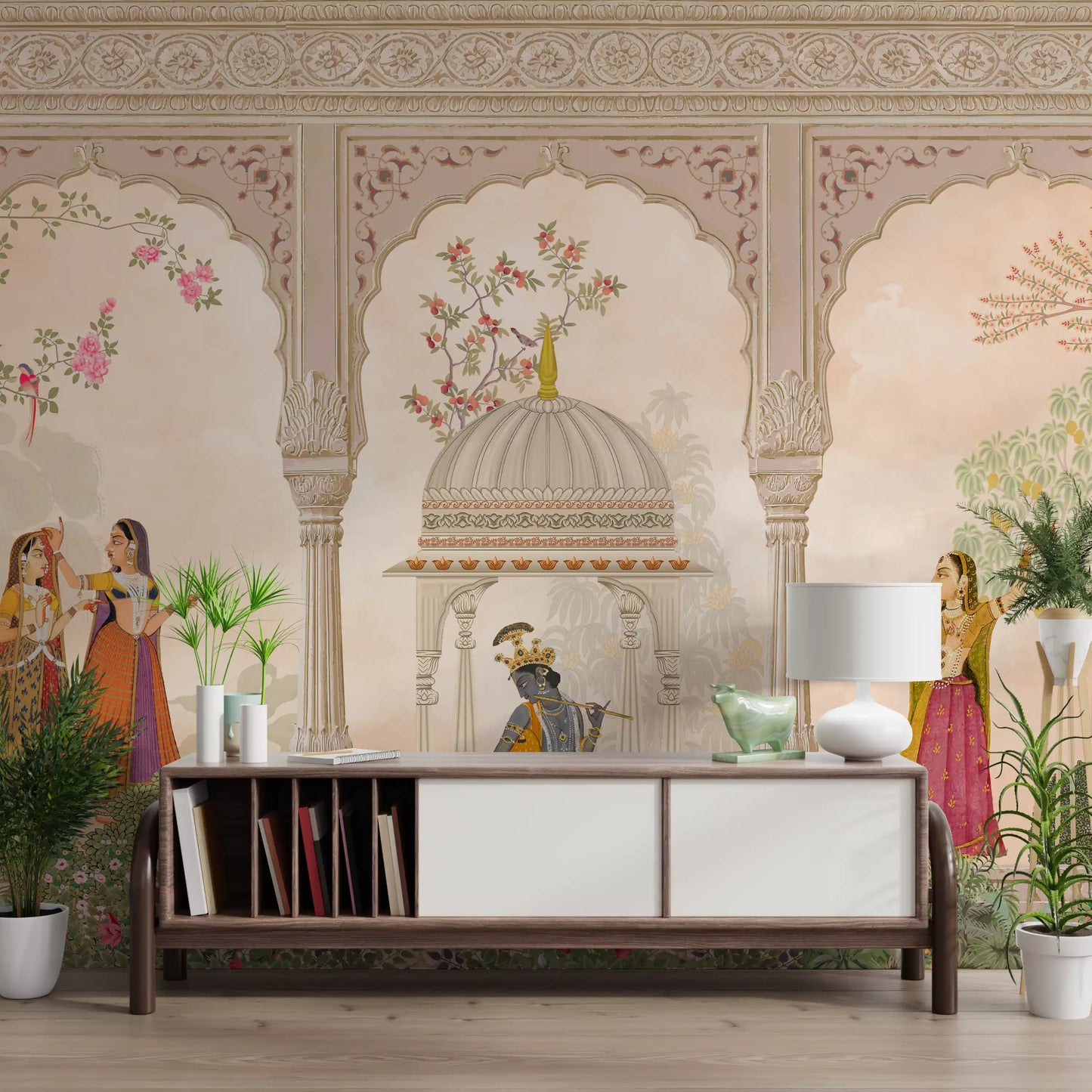 Fresque murale représentant Krishna et les gopis dans une scène traditionnelle de cour indienne