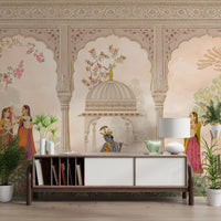 Fresque murale représentant Krishna et les gopis dans une scène traditionnelle de cour indienne