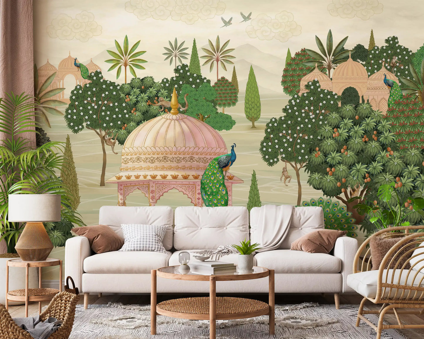 Royal Garden Peacocks and Temples Wall Mural