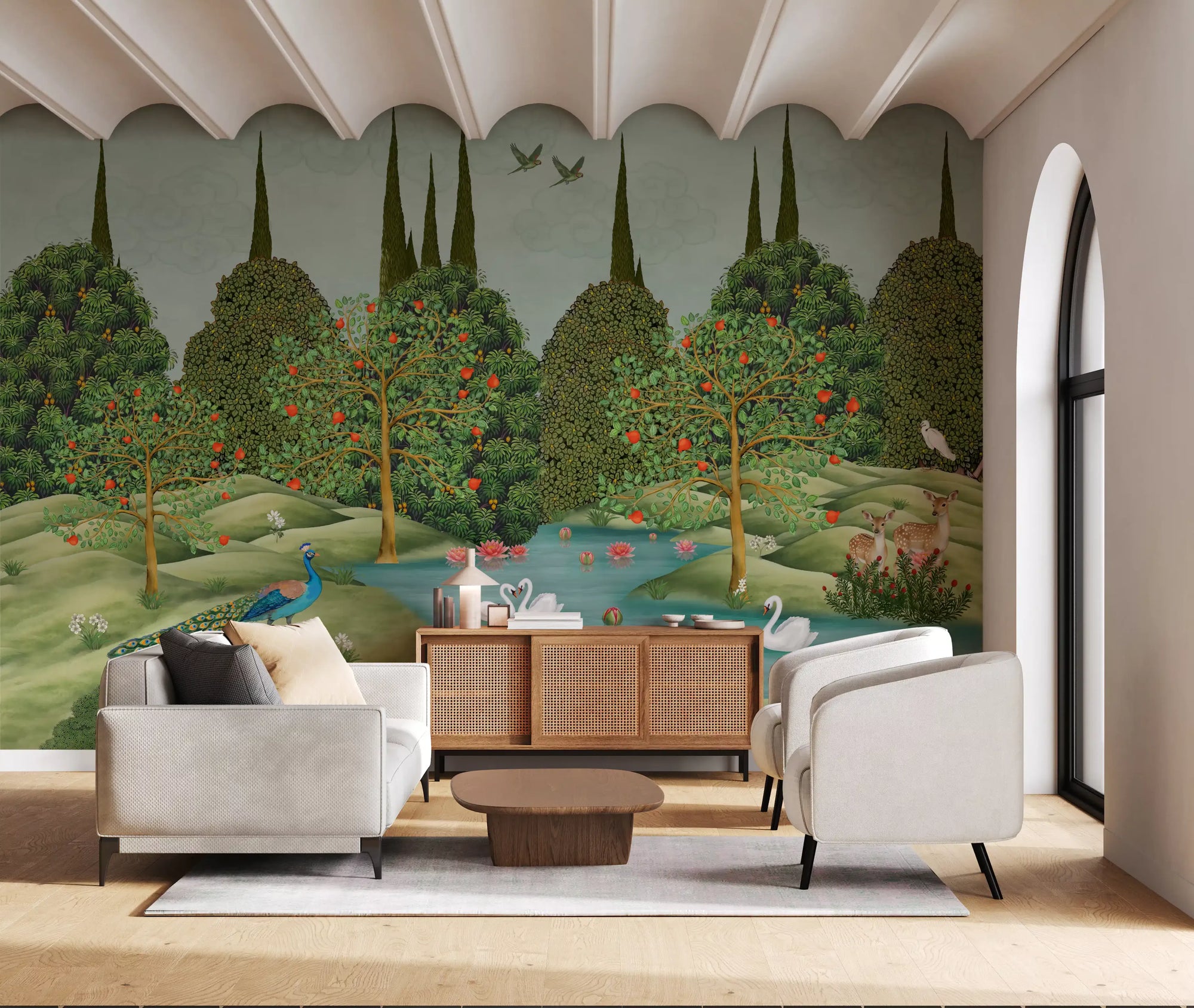 Lush garden greenery wraps a living room in this Enchanted Wildlife wall mural GD12202
