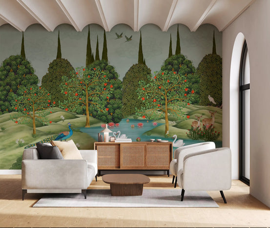 Murale da parete con scena di fauna selvatica in un giardino incantato