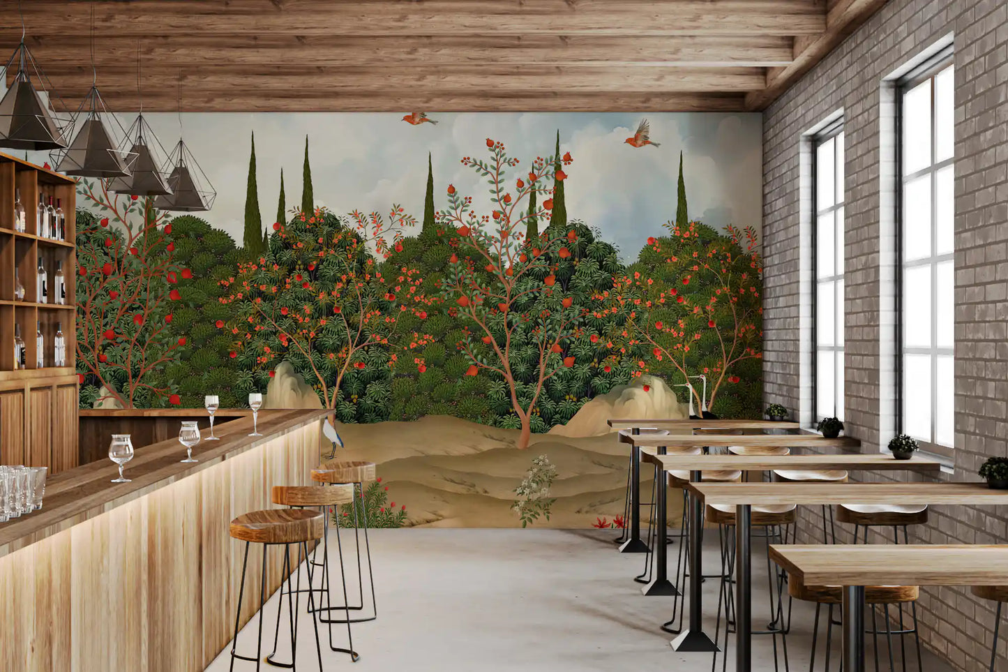 Wandbild „Obstgarten mit Kranichen und Granatäpfeln“