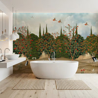 Wandbild „Obstgarten mit Kranichen und Granatäpfeln“