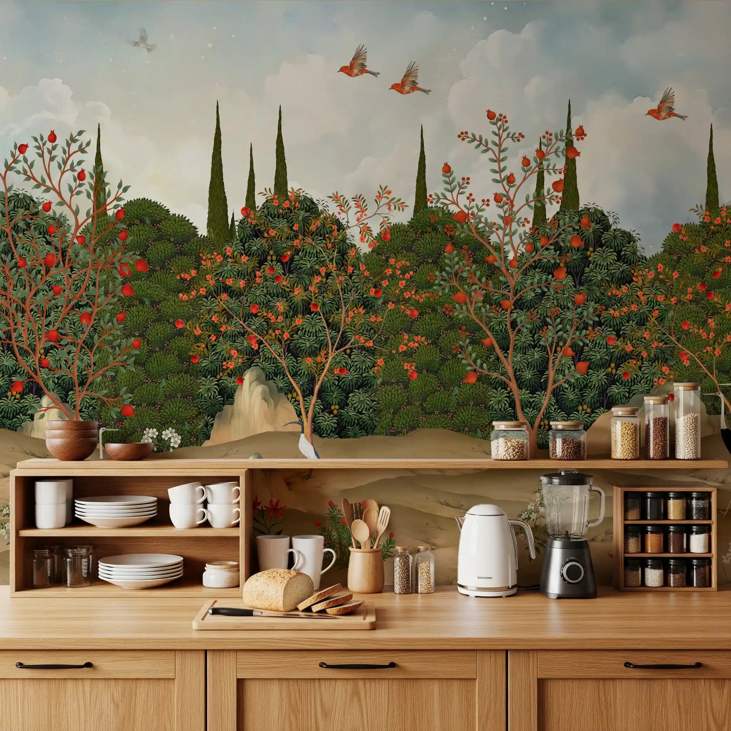 Wandbild „Obstgarten mit Kranichen und Granatäpfeln“