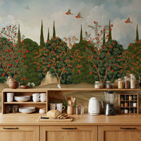 Wandbild „Obstgarten mit Kranichen und Granatäpfeln“