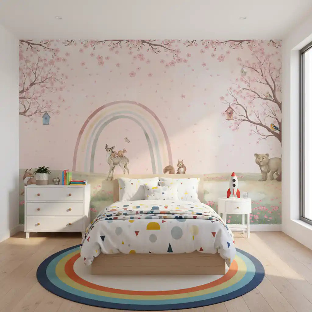 Fresque murale « Amis de la forêt fantaisistes avec arc-en-ciel pastel »