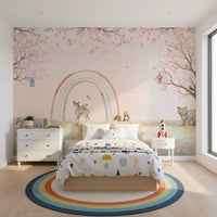 Fresque murale « Amis de la forêt fantaisistes avec arc-en-ciel pastel »