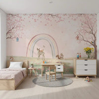 Fresque murale « Amis de la forêt fantaisistes avec arc-en-ciel pastel »
