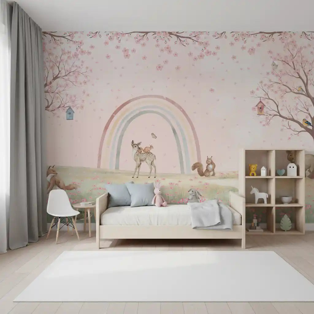 Fresque murale « Amis de la forêt fantaisistes avec arc-en-ciel pastel »